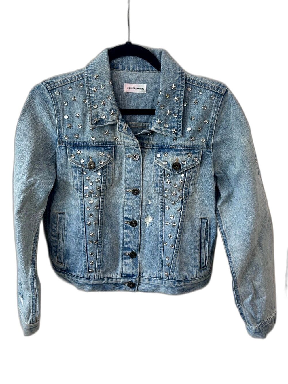 SUNSET & SPRING Jean Jacket Women's Size XS  Embellished Denim Jean Jacket